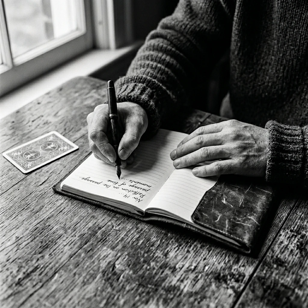Didier Dron prenant des notes lors d'une consultation, mains tenant un stylo sur un cahier ouvert