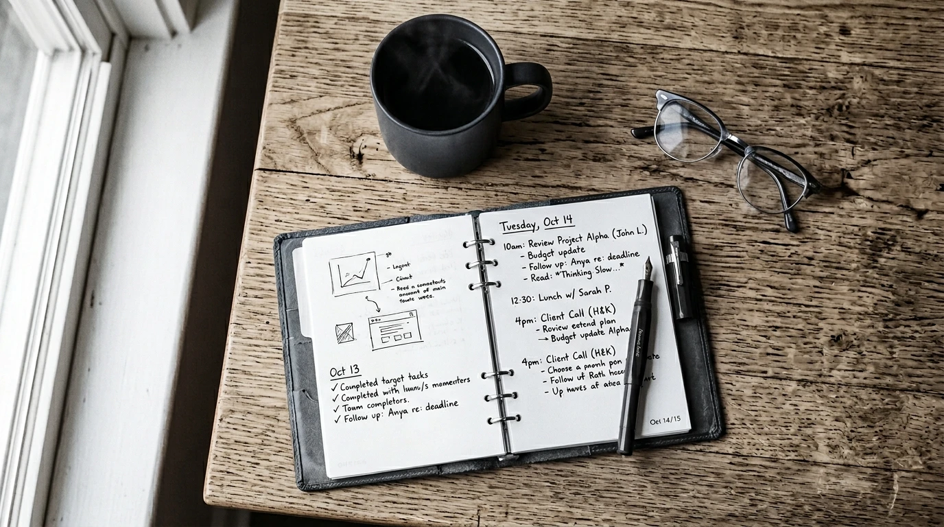 Bureau organisé vu de dessus, agenda ouvert, stylo et tasse — atmosphère de réflexion professionnelle